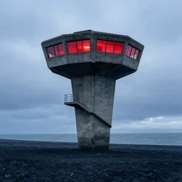 an old robust concrete brutalist observation tower from ww 2 with red light coming from inside. the tower floats above a icelandic beach, black sand beach, blue hour, cloudy day, utilitarist architecture, watercolor, award winning, trending on artstation, cinematic