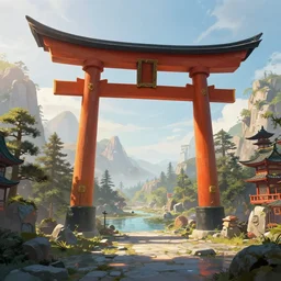 a china-inspired fantasy landscape with a giant torii gate, detailed, 4k digital art, trending on artstation