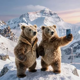 two grizzly bears wearing big fury coats taking a selfie from the top of mount everest, highly detailed, digital art, snowy landscape, ambient lighting