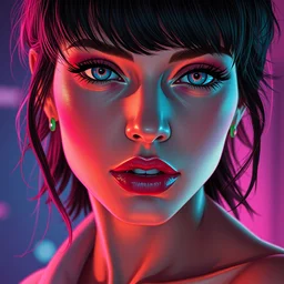 closeup portrait of pinup synthwave 8 0 s gorgeous confident esti ginzburg, babs tarr, aly fell, varga, loish, rhads, beeple, gta v, makoto shinkai, lois van baarle, frank miller, ilya kuvshinov, rossdraws, tom bagshaw, digital art, greg rutkowski,