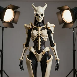 a beautifull demon model, wearing organic bone armor, luxury materials, symmetrical, cinematic, elegant, professional studio light, real dlsr photography, sharp focus, 4 k, ultra hd, sense of awe, high fashion