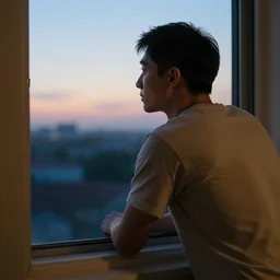 man gazing out of window at dusk, hyperreal