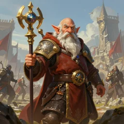 a detailed and very colorful portrait of a dwarf warpriest on epic battlefield, pathfinder portrait, dndart, fantasy portrait, 4 k, hires, art by jack davis and lucian freud and bill ward