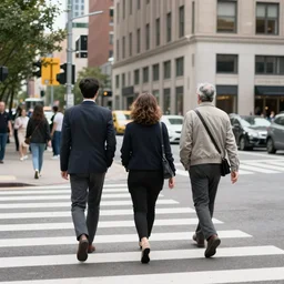 three people are walking in a crosswalk in the city., professional color photograph
