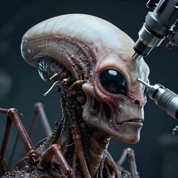 insectoid alien live form using alien medical instruments to probe a humans head, electron microscope image, ultra realistic, intricate details, eerie, highly detailed, octane render, 8 k