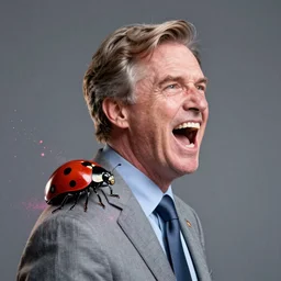 screaming ladybug sitting on lindsey graham shoulder, high particle effects, 4 k, studio lighting, digital artwork