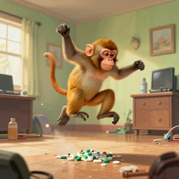 a monkey tripping on drugs, in a crazy room