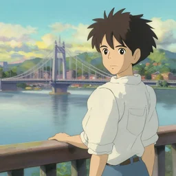 a painting of a city with bridge in the background, a matte painting by makoto shinkai, studio ghibli, featured on pixiv, plein air, speedpainting, painterly, matte drawing