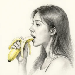 drawing of a beautiful young woman that is about to bite into a banana, pencil sketch, profile, side view, close camera