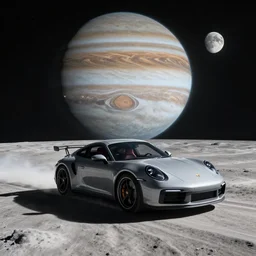 porsche driving on the moon io with jupiter large in the sky