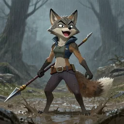 an anthropomorphic maned wolf girl having standing in the muddy rain, laughing with a spear in her hands. league of legends splash art by yoji shinkawa