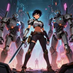 wide angle shot, android steampunk female warrior, scifi robots, neon lights, james gurney, katsuhiro otomo, james paick, cinematic lighting, artstation, vibrant nature, anime style, Craig Mullins, Greg Rutkowski, Pete Morbacher, Tuomas Korpi, tekkon kinreet, volumetric light, artstation, , octane render, redshift render, low angle camera