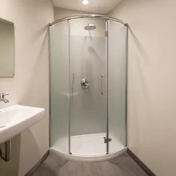 carpeted public bathroom shower with saturation, award - winning photograph