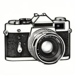 woodcut of an old photography camera, artwork black and white, alex katz, minimalist