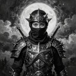 By Tom Bagshaw, ultra realist soft painting portrait of curiosities carnival by night, very beautiful single outlaw star ninja armor, symmetry accurate features, very intricate details, ominous sky, black and white, volumetric light clouds