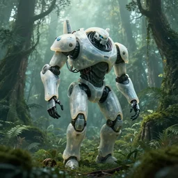 still rom a big budget scifi movie of a misty swamp planet, a mech with many wires and cable joints with translucent white plastic armor walks above the forest canopy