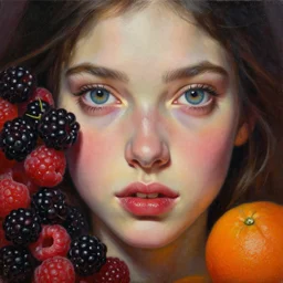 a picture of a girl with wonderful eyes, with blackberries, raspberries and oranges, an oil portrait of a character on canvas by gerald brom and greg rutkowski, michael cheval, peter murbacher, boris vallejo, jessica rossier, cinematic lighting, high detail, a masterpiece, a lot of wow, the headquarters of fantasy art. artstation