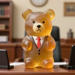 gummy bear in mayor's office as the mayor of the city of bears, anny labowitz portrait 8 5 mm lens