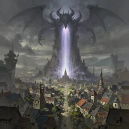 matte painting of a small town with a huge tall demonic magical ethereal portal!!! ( in the style of noah bradley and raphael lacoste and ruan jia and marc simonetti )