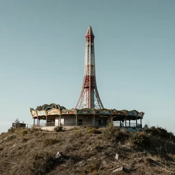 an abandoned amusement park on top of a mountain. abandoned. you'd come all over the park. roller coasters, carousel. sunny day. clear image. photography. photorealism. award - winning image.