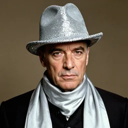 portrait of vincent price with a pencil style musty, wearing silver shriner like velvet sequin hat, wrapped in a silver colored silk scarf, nehru wizard jacket