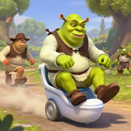 shrek riding a mobile toilet into battle