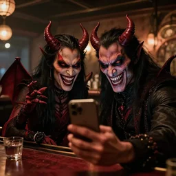two evil demons hanging out in a bar taking a selfie