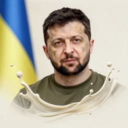 Portrait of Volodimir Zelensky with ukrainian flag, amazing splashscreen artwork, splash art, head slightly tilted, natural light, elegant, intricate, fantasy, atmospheric lighting, cinematic, matte painting