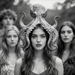 a stunning black and white portrait of an beautiful woman wearing an octopus as a hat, epic character composition, by katsura masakazu, alessio albi, ilya kuvshinov, nina masic, soft focus, vertical portrait, natural lighting, f 2, 5 0 mm, classic chrome, film grain, cinematic lighting
