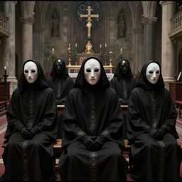 cultists dressed in robe with mask and gloves, satanic church interior, ceremonial, realistic photo, cctv footage, horror lighting, dim lighting