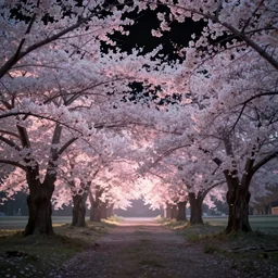 masterpiece ephemeral ethereal field of cherry blossom trees, japanese horror, soft focus, surreal photography, sunrise, black sky, dramatic light, photo manipulation, hdr, digital painting, artstation, scott listfield