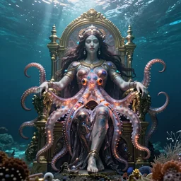 a detailed wide angle portrait of the goddes yemoja using glowing symbiotic octopus technology on her underwater throne, unreal engine, fantasy art by greg rutkowski, loish, rhads, ferdinand knab, makoto shinkai and lois van baarle, ilya kuvshinov, rossdraws, tom bagshaw, global illumination, radiant light, detailed and intricate environment