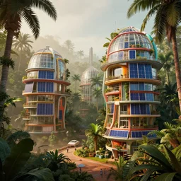 solar punk futuristic greenhouse apartments in a tropical forest setting. vivid colors mixes with dusty moody lighting. architectural concepts inspired by dune 2 0 4 9, 8 k, photorealism