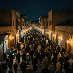 el mowlid street rituals in medieval ghardaia, night lights, crowded, cinematic, volumetric light, moody