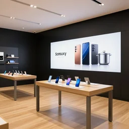 A flagship Samsung store. black walls. timber floor. high ceilings with spots. wood  furniture with large digital screen. display tables with phones and tablets, pots with plants, large colorful digital screens on the walls, Architectural photography. 14mm. High Res 8K. award winning architectural design, Japandi Style, warm and happy, inviting
