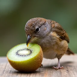 a kiwi bird eating a kiwi fruit
