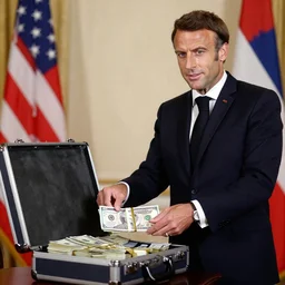 Emmanuel Macron giving a briefcase of money to Walter White