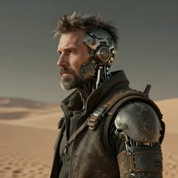 a rugged middle aged engineer man with cybernetic enhancements and unique hair hair lost in the desert, scifi character portrait by greg rutkowski, esuthio, craig mullins, short beard, green eyes, 1 / 4 headshot, cinematic lighting, dystopian scifi gear, gloomy, profile picture, mechanical, half robot, implants, steampunk