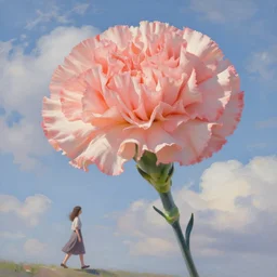 giant carnation flower head, woman walking, surreal, clouds in sky, impressionist painting, digital painting, artstation, rob gonsalves