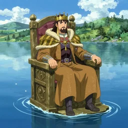 a single highly detailed lone king sitting on a throne floating on water in the middle of a lake drawn by Makoto Yukimura in the style of Vinland saga anime, full color, detailed,