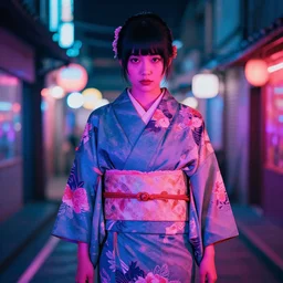 naro rinri wearing a kimono, synthwave lighting