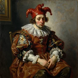 painting of sad jester sitting in a room alone, oil painting by jan matejko, 1 9 th century, art, oil on canvas, wet - on - wet technique, baroque, realistic, intricate detail, expressive emotions, intricate textures, illusionistic detail