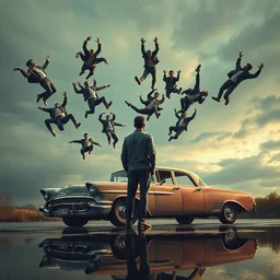 multiple men falling from sky, a man standing next to an old car in the rain, backwards, trending in artsation, wlop, zawadzki, synth - wave, hyperrealism, futurism