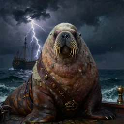 portrait of a stern looking old walrus who is a pirate captain on a pirate ship, dark storming sea and thunderstorm with lightning in the background, dark clouds, oil painting by alexander roslin, 4k, concept art highly detailed, trending on artstation, fantasy matte painting