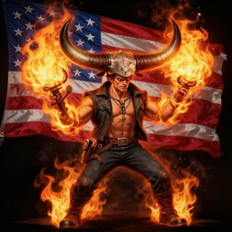 character art by bastien lecouffe - deharme, alex jones from infowars, bullhorn on fire, on fire, fire powers, american flag