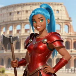 frontview portrait of gladiator warrior lady, young, beautiful, dark skin, light blue hair, ponytail, big open green eyes, happy, red heavy armor, axes, posing, coliseum background, love interest, highly detailed, smooth, sharp focus, digital painting, artgerm and greg rutkowski and alphonse mucha