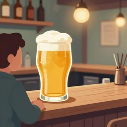 a anthropomorphic pint of beer, who is a customer, waits to be served by a bartender