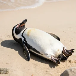 a penguin sunbathing on a warm beach, hyper realistic, relaxing, unreal engine
