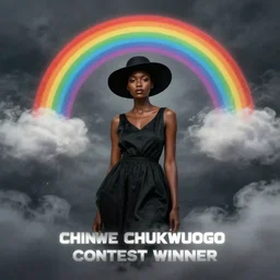 a woman in a black dress and hat with a rainbow in the background, in clouds, an album cover by chinwe chukwuogo - roy, shutterstock contest winner, lyco art, smokey background, airbrush art, apocalypse art