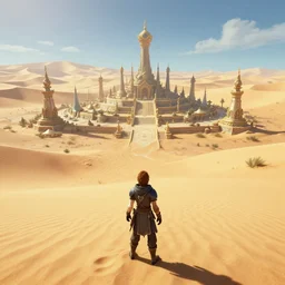 player character looking at a godly ancient isolated sacred spiritual alien village built in the oasis of a vast sand desert, 3 rd person action adventure, screenshot, gameplay, final fantasy, square enix, jrpg, cutscene, unreal engine, 4 k, ultra high settings, rtx, next gen graphics, playstation 5